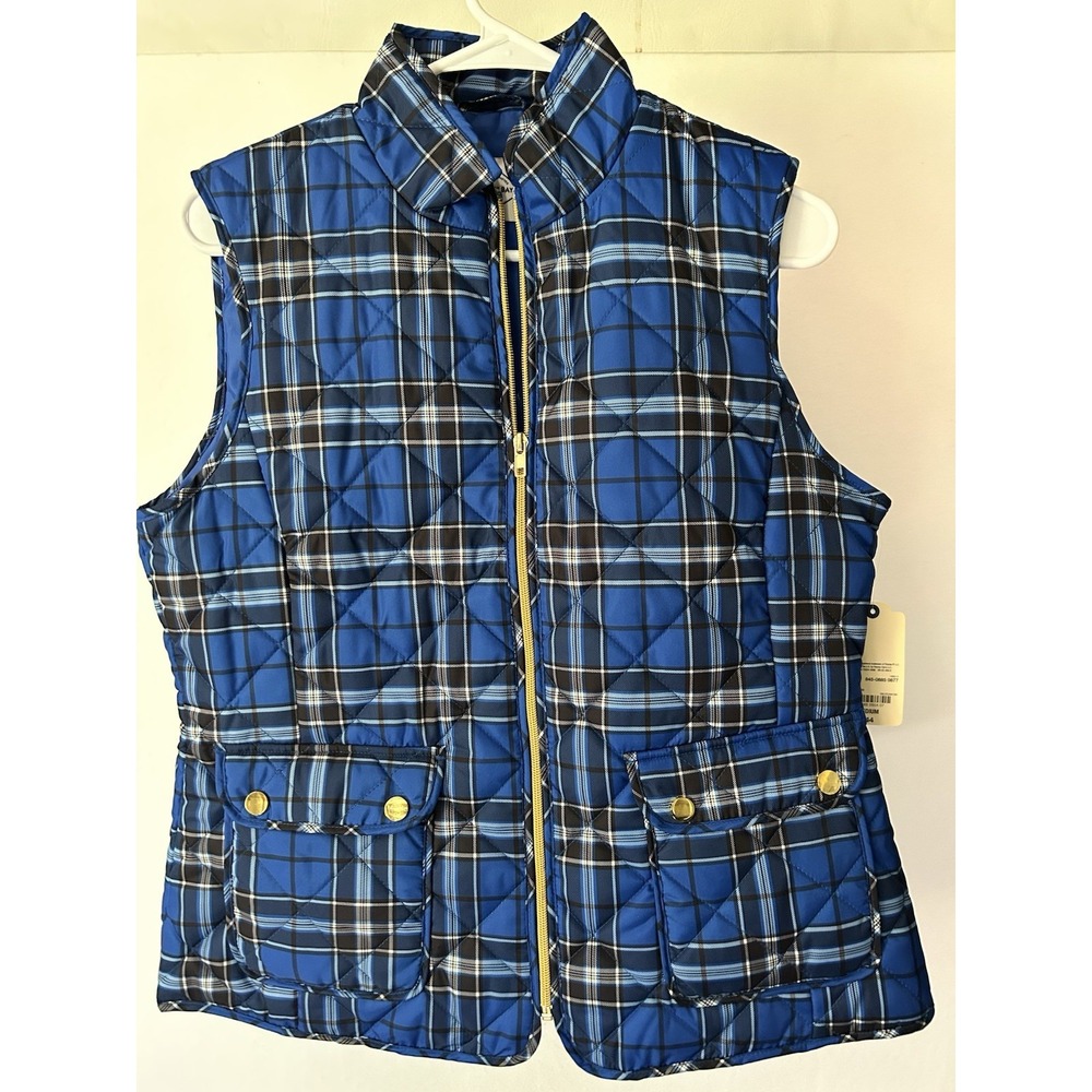 St Johns Bay Quilted Puffer Vest Blue Plaid Gold‎ Zip Women Medium NWT